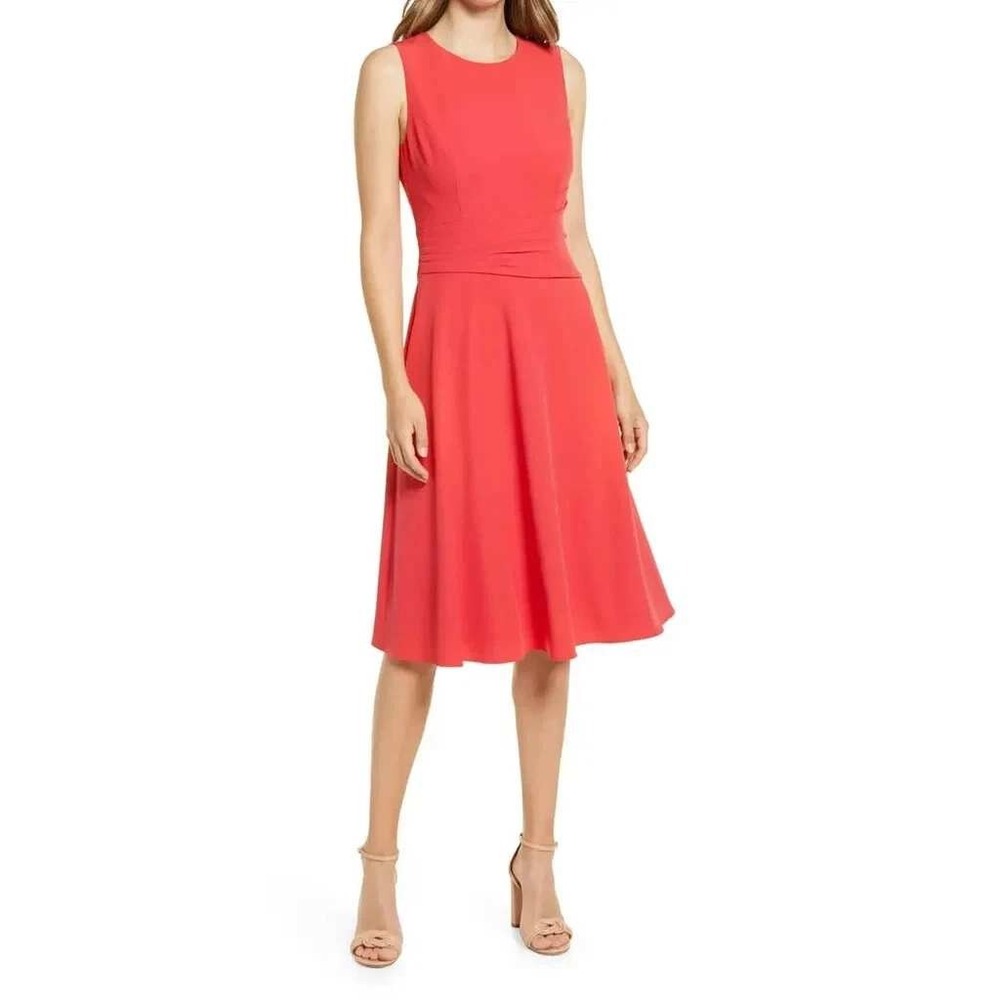Eliza J Womens Coral Red Ruched Waist Sleeveless Fit and Flare Midi Dress 6